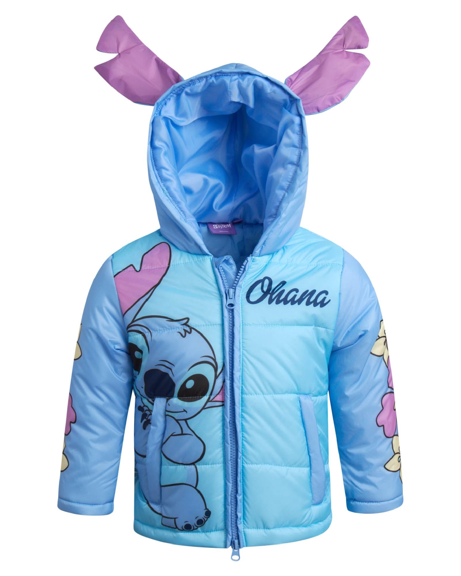 Disney Lilo & Stitch - Chaqueta acolchada de invierno con cremallera y capucha para niñas, bonitas chaquetas gráficas para niños y niñas