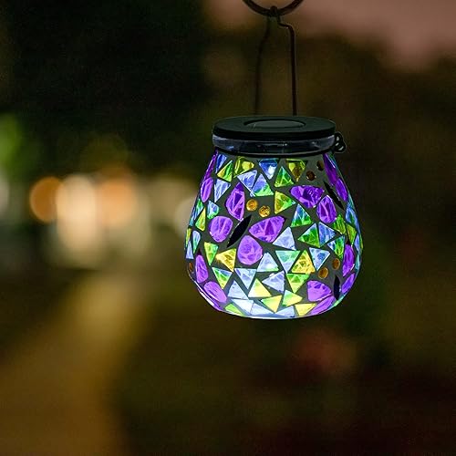 Miniatura 8 de Afirst - Faroles solares de mosaico  Luces colgantes de cristal con diseño de mariposa ahuecadas, impermeables, decorativas al aire libre para