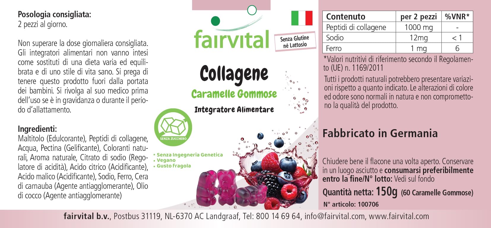 Fairvital | Żelki kolagenowe – 60 sztuk – 1000mg w dziennej dawce – z sodem i żelazem – wysoka dawka – bez cukru – sprawdzona jakość i wysoka dawka – wyprodukowane w Niemczech