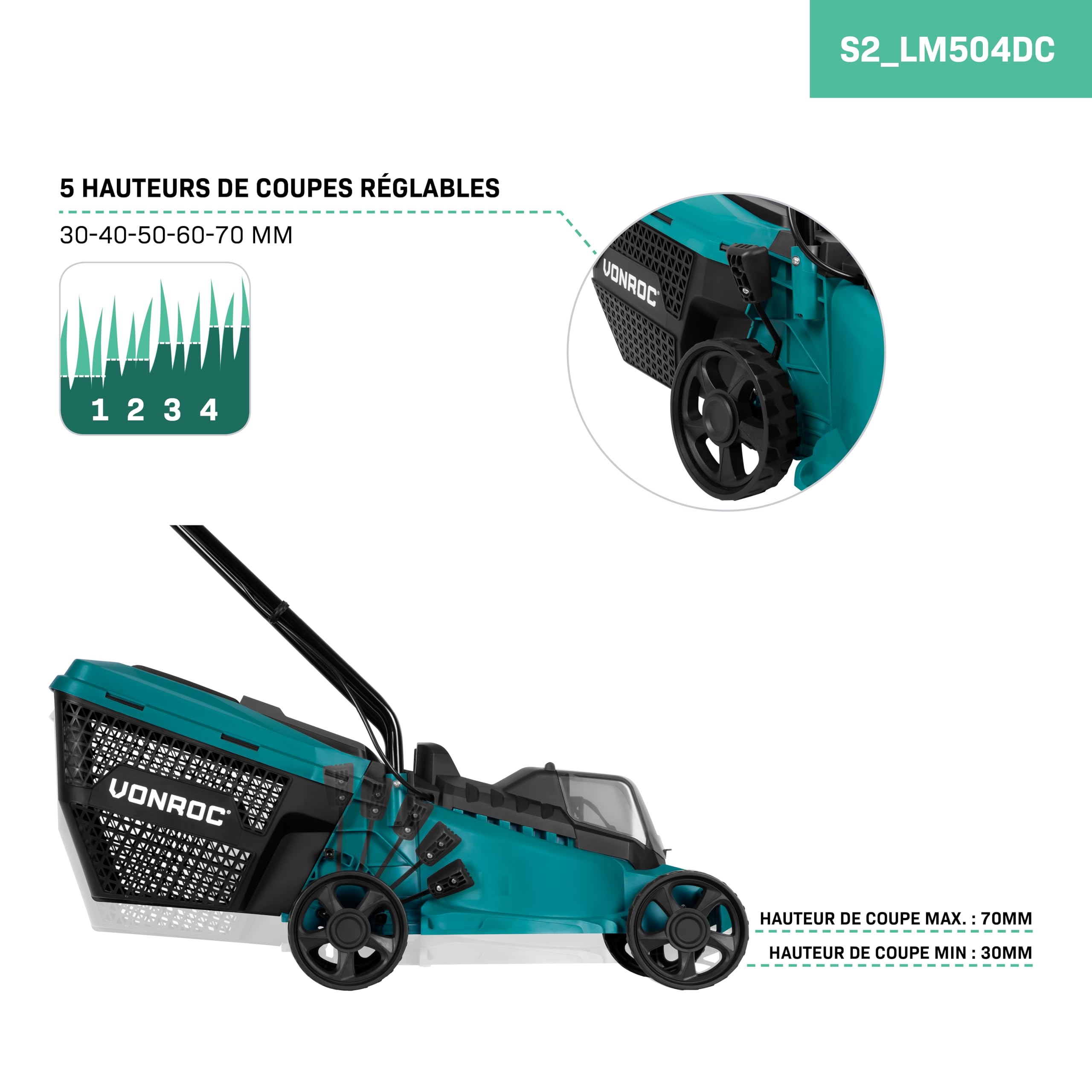 VONROC Tondeuse à Gazon sans Fil 40V - Moteur Compact et Léger - Bac à Herbe 30 L, Hauteur de Coupe Réglable 30 à 70 mm - Moteur sans Balais à Charbon - 2X Batteries 2.0Ah + Chargeurs Inclus