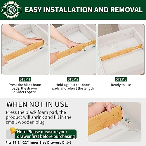 Miniatura 3 de Paquete de 6 separadores de cajones de bambú de 2.6 pulgadas de alto, 17-22 pulgadas, organizadores de cajones ajustables con resorte para cocina,