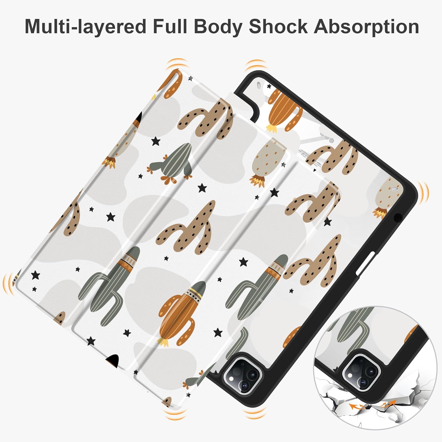Case for iPad Pro 11 inch 4th/3rd/2nd/1st Generation with Pencil Holder, Trifold Stand Tablet Case for iPad Pro 11" M2/M1 2022 2021 2020 2018 with Auto Sleep/Wake, Cute Cactus