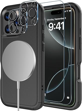 Diverbox for iPhone 16 Pro Case [Compatible with MagSafe] [Shockproof] [Dropproof] [Tempered Glass Screen Protector + Camera Protectors] Heavy Duty Protection Phone for iPhone 16 Pro Magnetic Black
