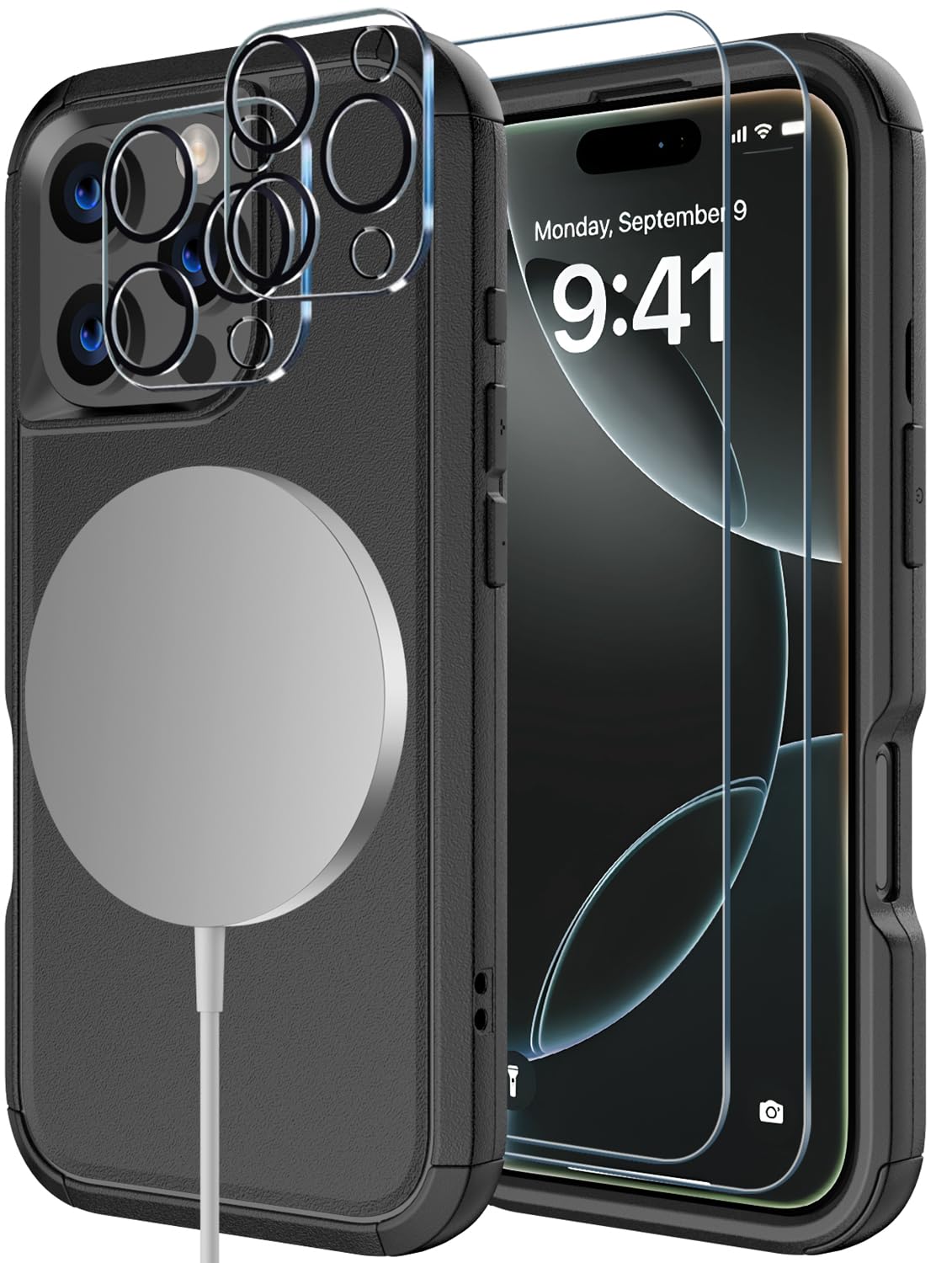 Diverbox for iPhone 16 Pro Case [Compatible with MagSafe] [Shockproof] [Dropproof] [Tempered Glass Screen Protector + Camera Protectors] Heavy Duty Protection Phone for iPhone 16 Pro (Magnetic Black)