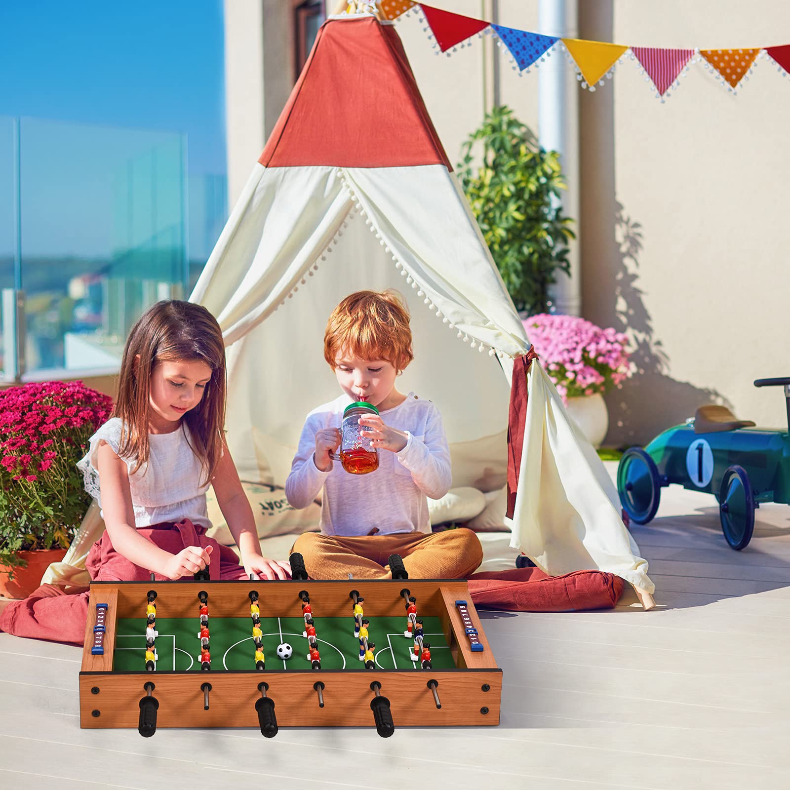 HOMASIS Mesa multijuegos de Madera para niños, Mesa de futbolín y Air Hockey con Asas duraderas, Mesa de Juego de fútbol para el hogar, Bar, Oficina, para niños de 4+ años, 69x36x10cm, Multicolor