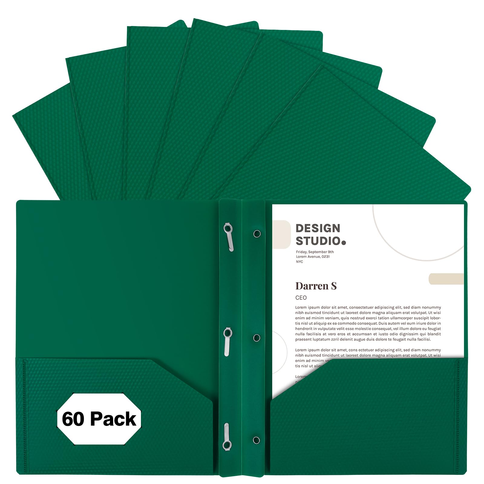 EEHZTSI 60-Pack Plastic Folders with Pockets and Prongs,2-Pocket Folders with 3 Fasteners, Poly Folders Holds 8-1/2" x 11" Paper for School/Office/
