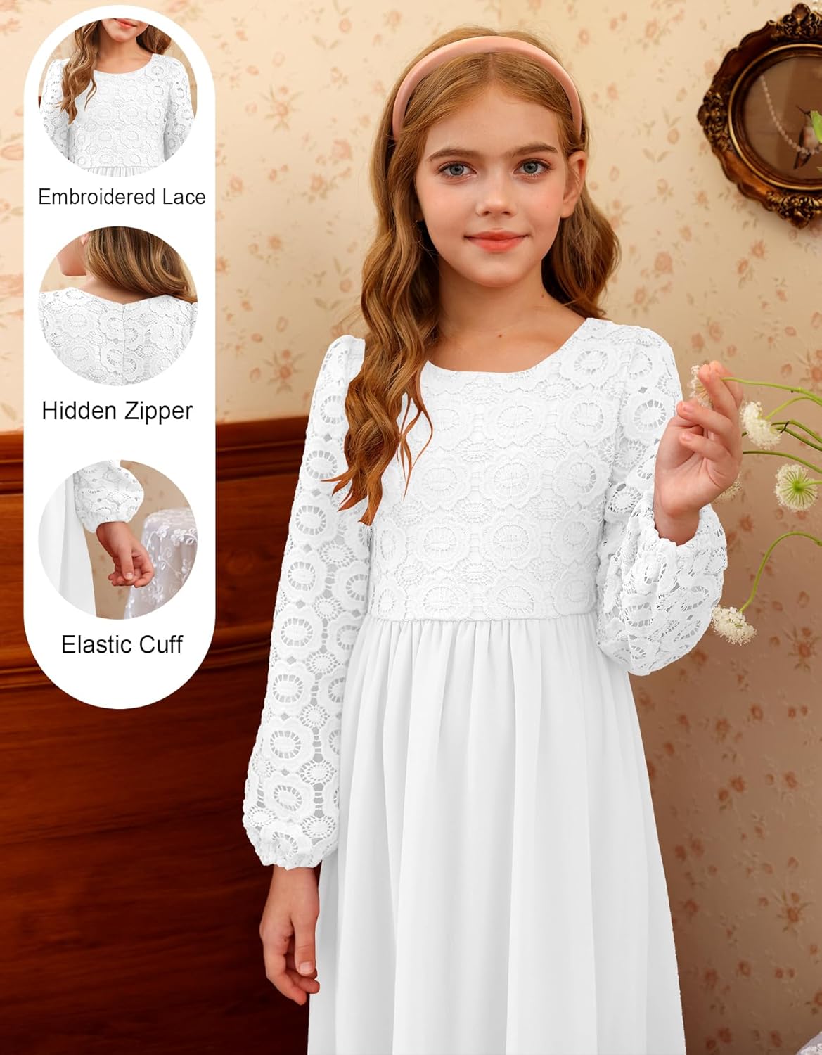 HOSIKA Girls Long Sleeve Maxi Dress Vintage Chiffon A-Line Formal Junior Bridesmaid Dresses for Fall Wedding Party