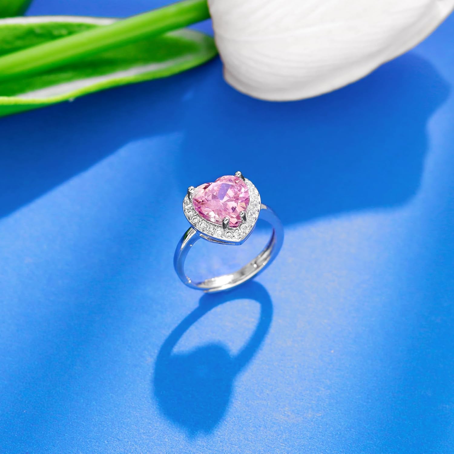 Heart Shaped Birthstone Rings for Women, Crystal Diamond Halo Open Bands Cubic Zirconia Rings Adjustable Wedding Band Engagement Ring Promise Rings for Her Anniversary Wedding Gifts - Image 4