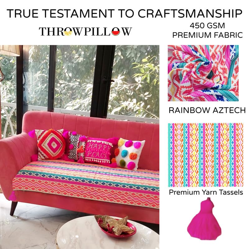 Image of WWW.THROWPILLOW.IN Rainbow Festive Sofa Cover with Corner Tassels Colourful Home Decoration 5 Seater Sofa Cover -Anti Slip Sofa Cover 3 Seater and 2 Seater-Set of 2 Seat Covers- (3+2 Seater)
