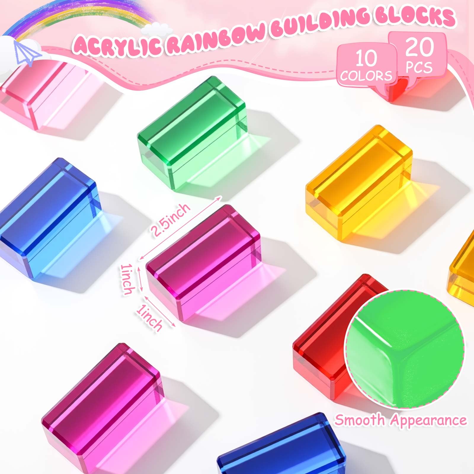 Meooeck 20 cubetti di gemme acriliche traslucide arcobaleno, blocchi da costruzione, ombre di cristallo, impilabili, giocattoli da tavolo per scuola, aula scolastica, forniture educative (5 x 2,5 x