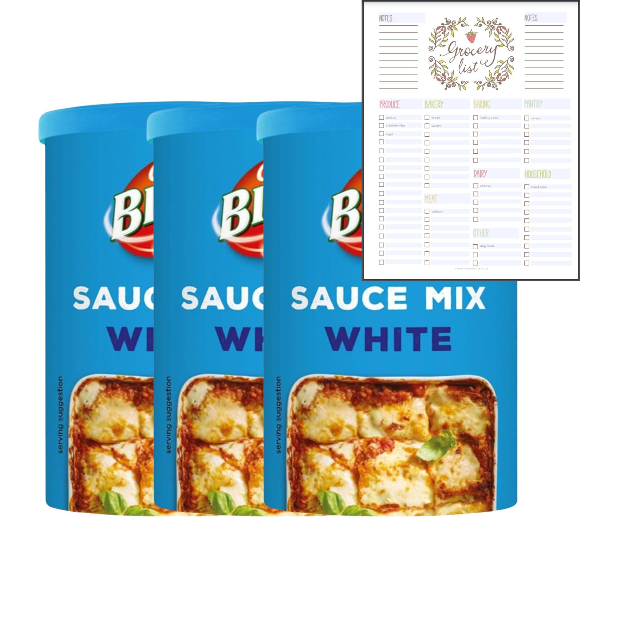 Sauce Mix Bundle which Contains Bisto White Sauce Mix 185g - Pack of 3 with Grocery List Card