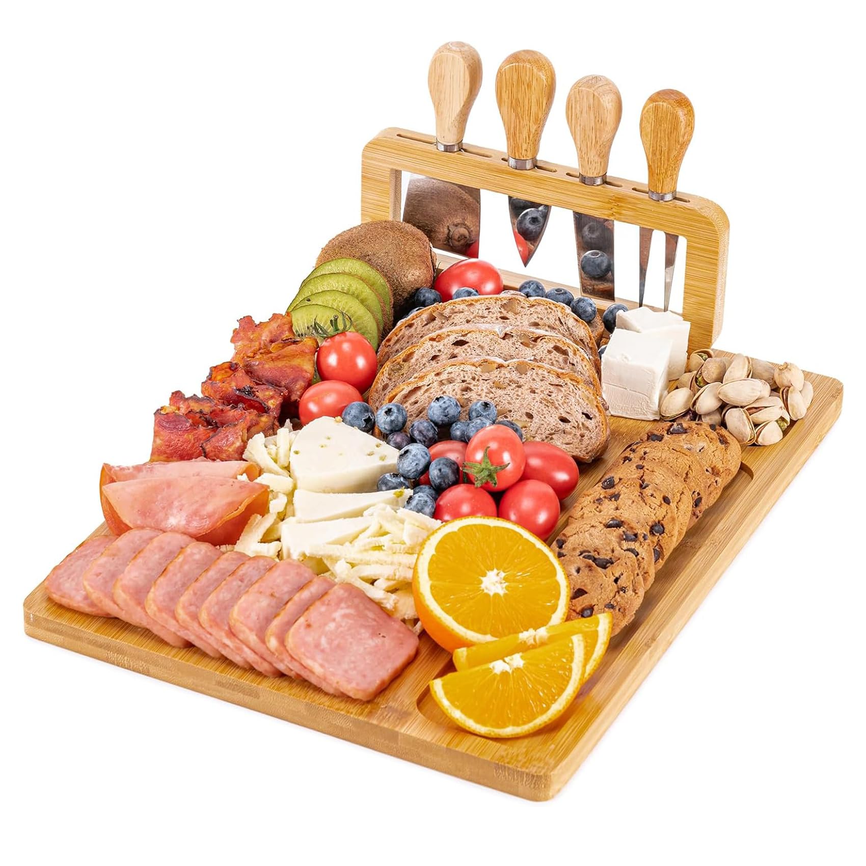 MANYUK Charcuterie Boards, Bamboo Cheese Board Set with 4 Cheese Knife, Serving Platter Accessories for Entertaining Party Picnic, Housewarming and Wedding Gift, 35 * 28 * 14Cm