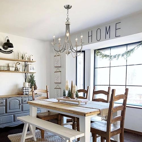 Miniatura 9 de Candelabro de campo francés, moderno candelabro de madera con cuentas de granja, 5 luces, hecho a mano, plata, lámpara para comedor, dormitorio,