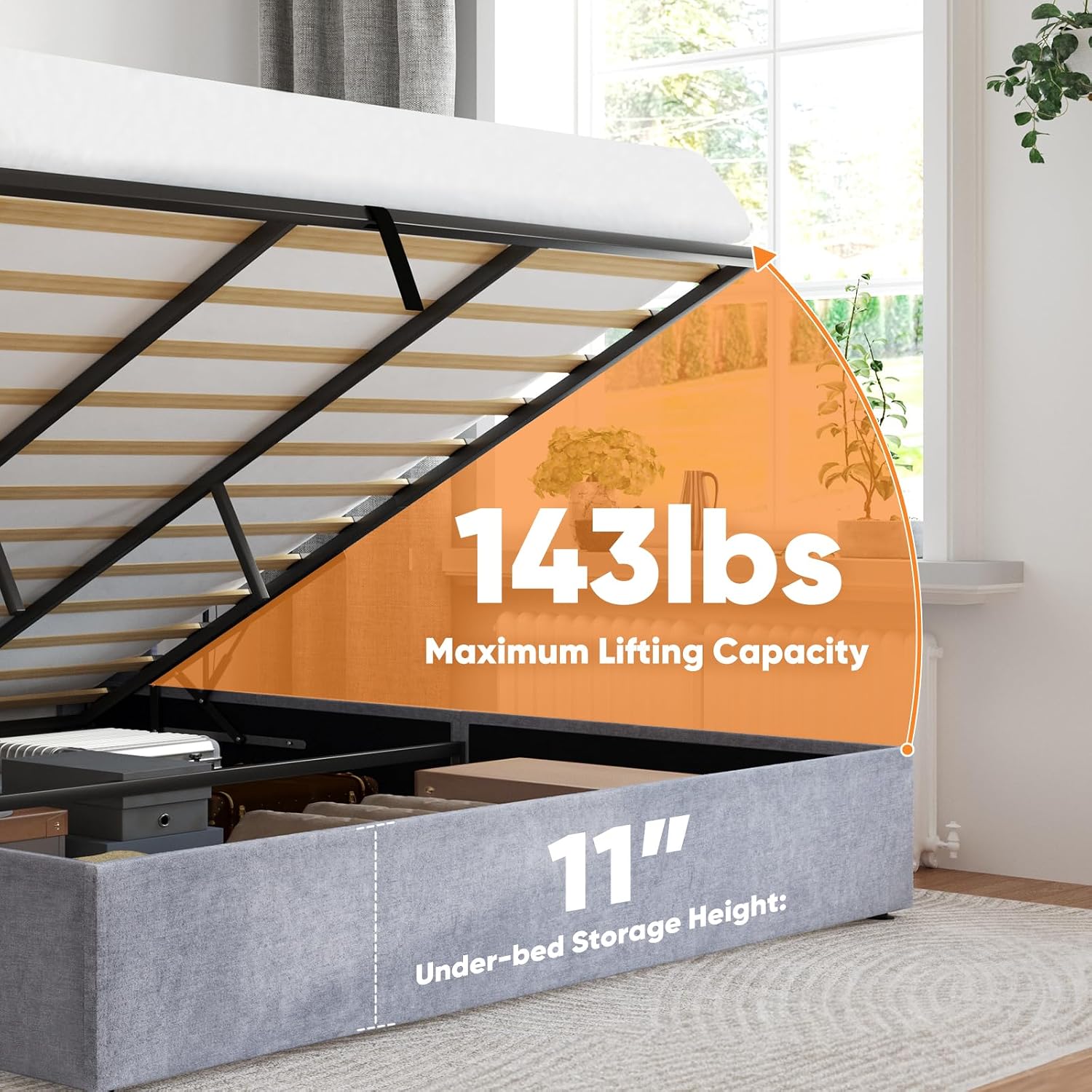 Sweetcrispy King Size Lift Up Storage Bed, Modern Upholstered Platform Bed Frame with Wingback Headboard, Hydraulic Lift Storage, No Box Spring Needed, Easy Assembly, Grey