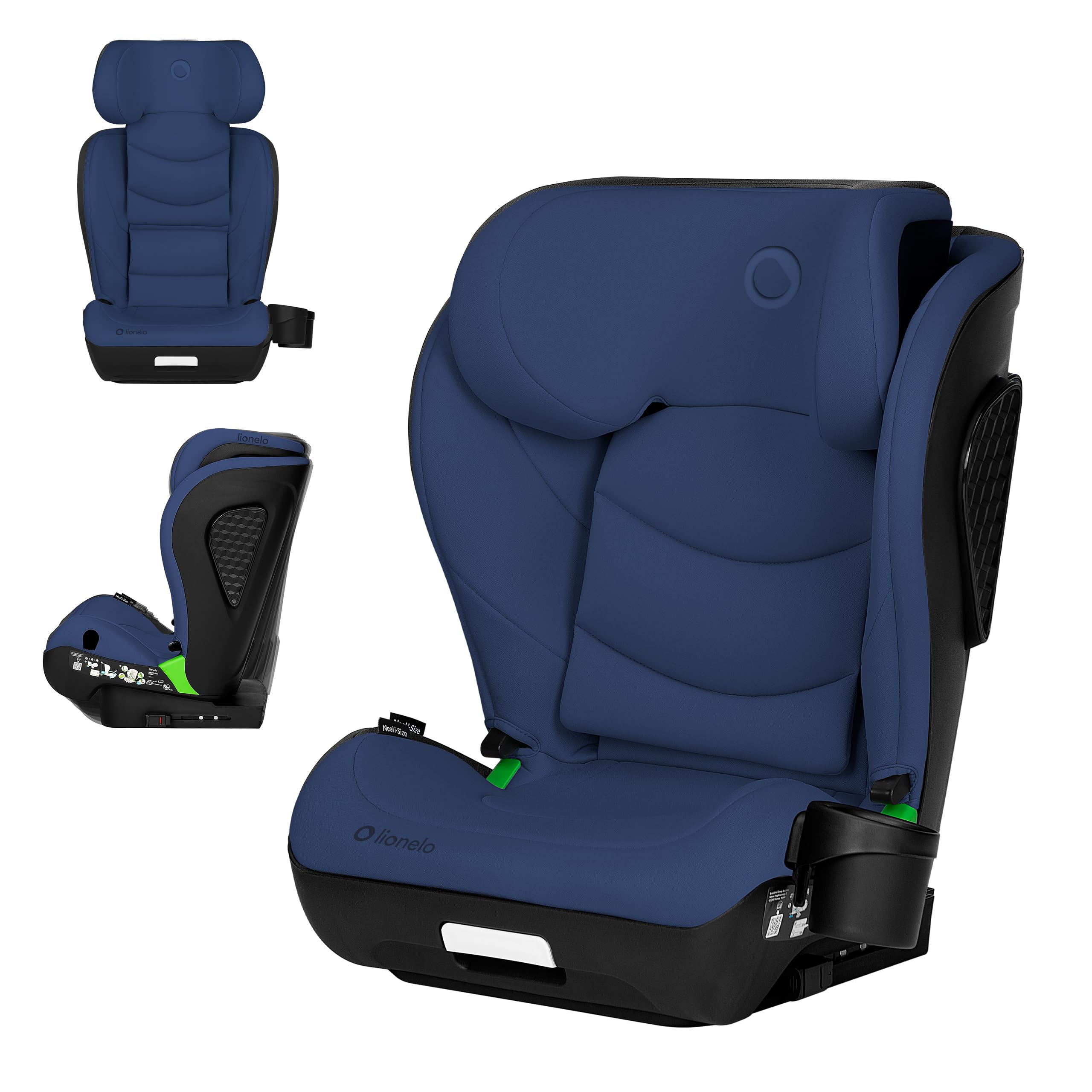 LIONELO NEAL I-SIZE Fotelik samochodowy dla dzieci, grupa 2 3, od 100 do 150 cm, ok. 3-12 lat, mocowanie ISOFIX lub bez uprzęży, regulowany zagłówek, ochraniacz boczny, podłokietnik, standardowy R129
