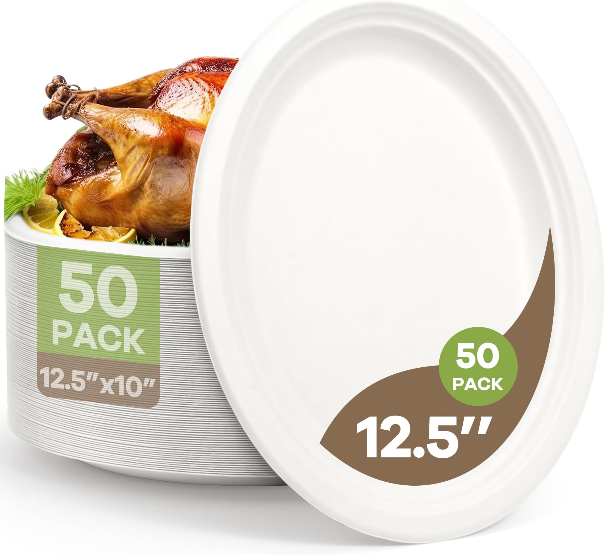 - 100% Compostable Oval Paper Plates, 12.5Inch 50Pack Disposable Heavy Duty Bagasse Platters Eco-Friendly Biodegradable Sugarcane Plates for BBQ, Party, Picnic - Off White