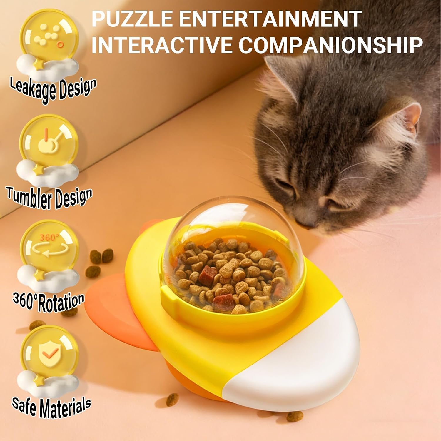 Interactive 360° Rotating Rocket Dog Puzzle Toy - Adjustable Difficulty Treat Dispenser for Slow Feeding IQ Training & Mental Enrichment to Keep Dog and Cat Busy and Happy (Yellow)