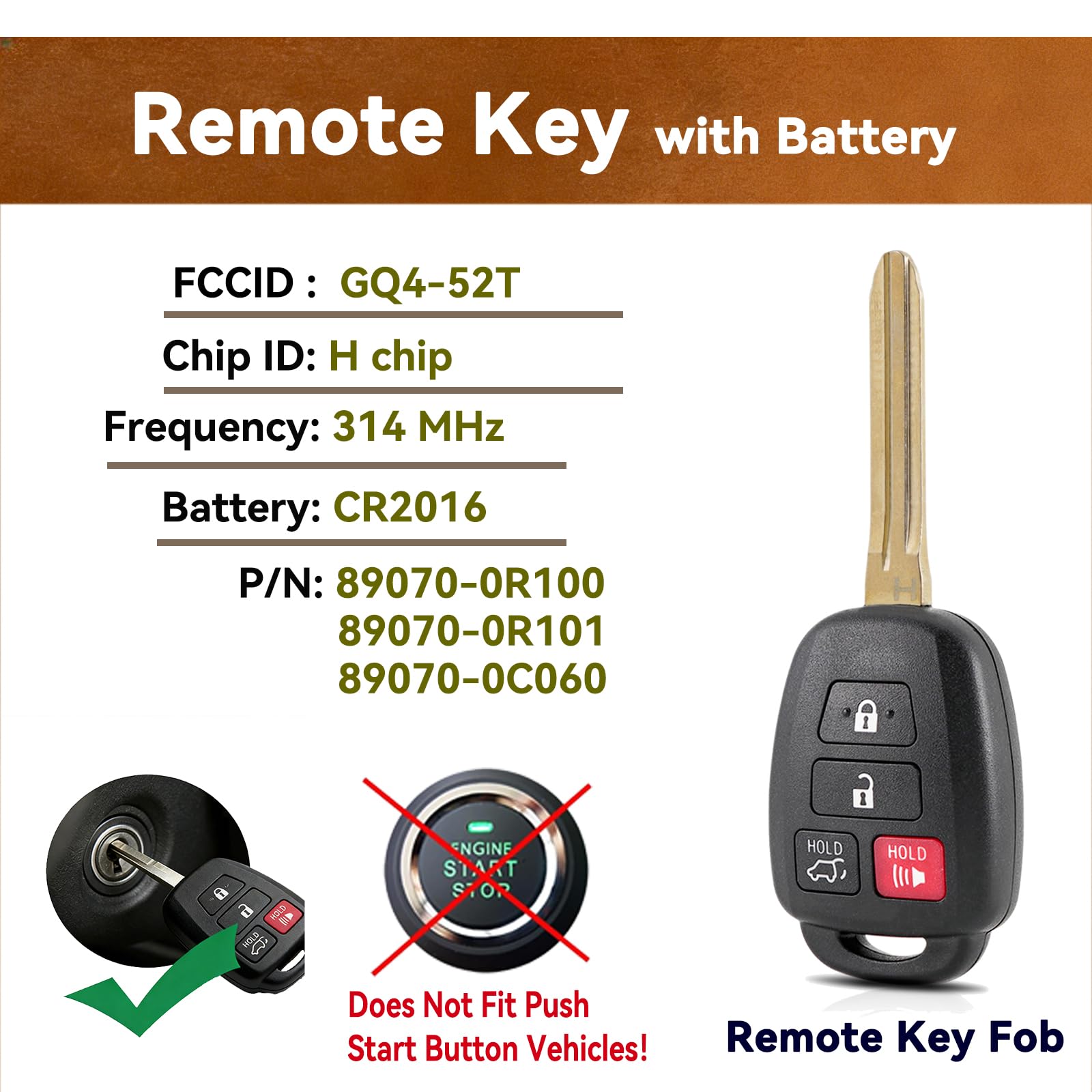 Chiave di ricambio per telecomando Toyota RAV4 14-19 Highlander 18-19 Sequoia 2013-2018 a 4 pulsanti GQ4-52T 89070-0R100 H-Chip (set di 2)