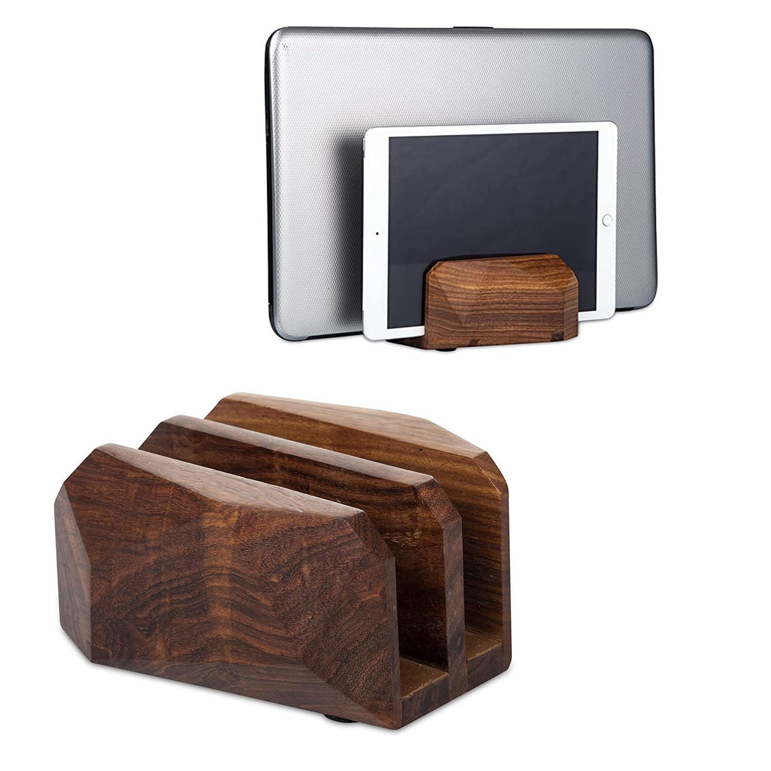 DnU Avenue Premium Vertical Laptop Stand – Wooden Dock for MacBook & Laptops | Dual Dock Slot | Ergonomic Desktop Holder & Space-Saving Office Desk Accessory (Indian Rosewood)