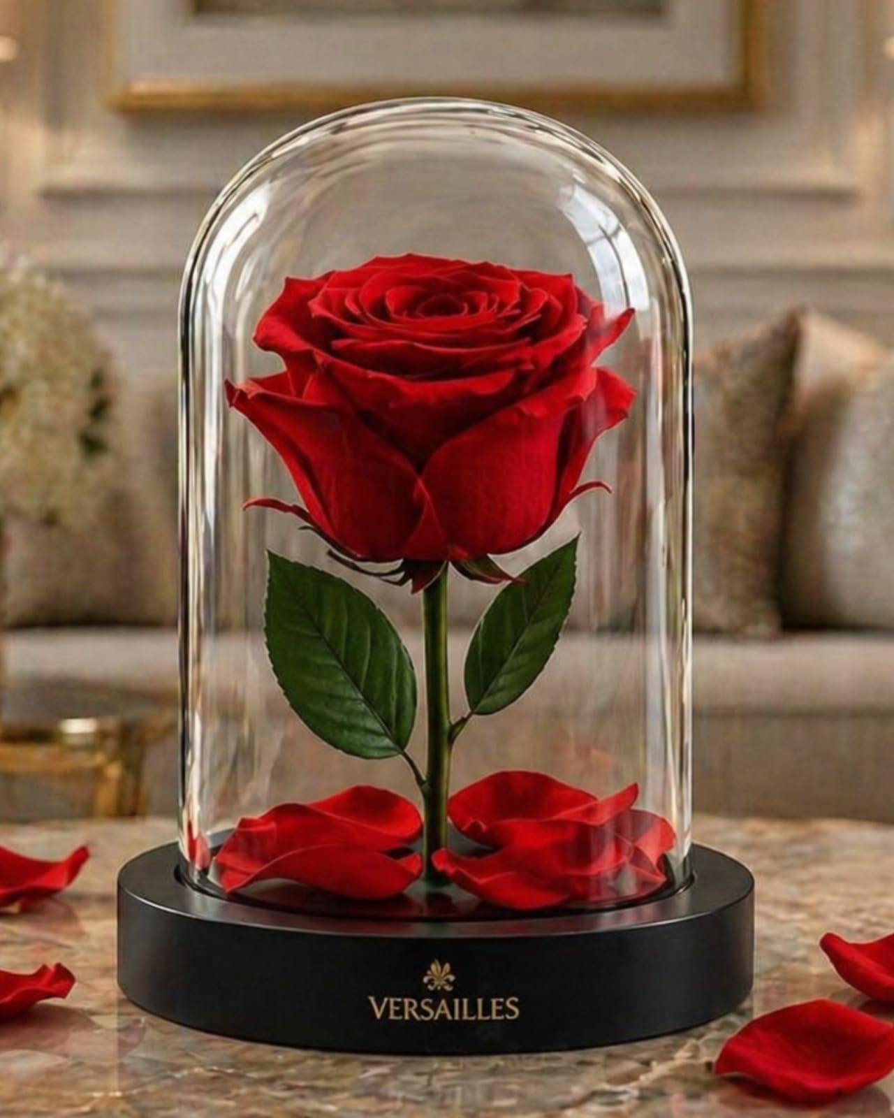 Versailles Preserved Red Rose in Glass Dome with Beads | Preserved Rose on Black Wooden Base | Eternal Rose | Real Flowers | Luxury Home Decor | Gift for Women-picture-17