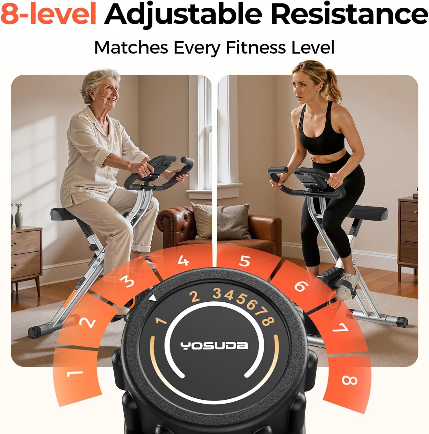 8-level adjustable resistance knob on YOSUDA Folding Exercise Bike