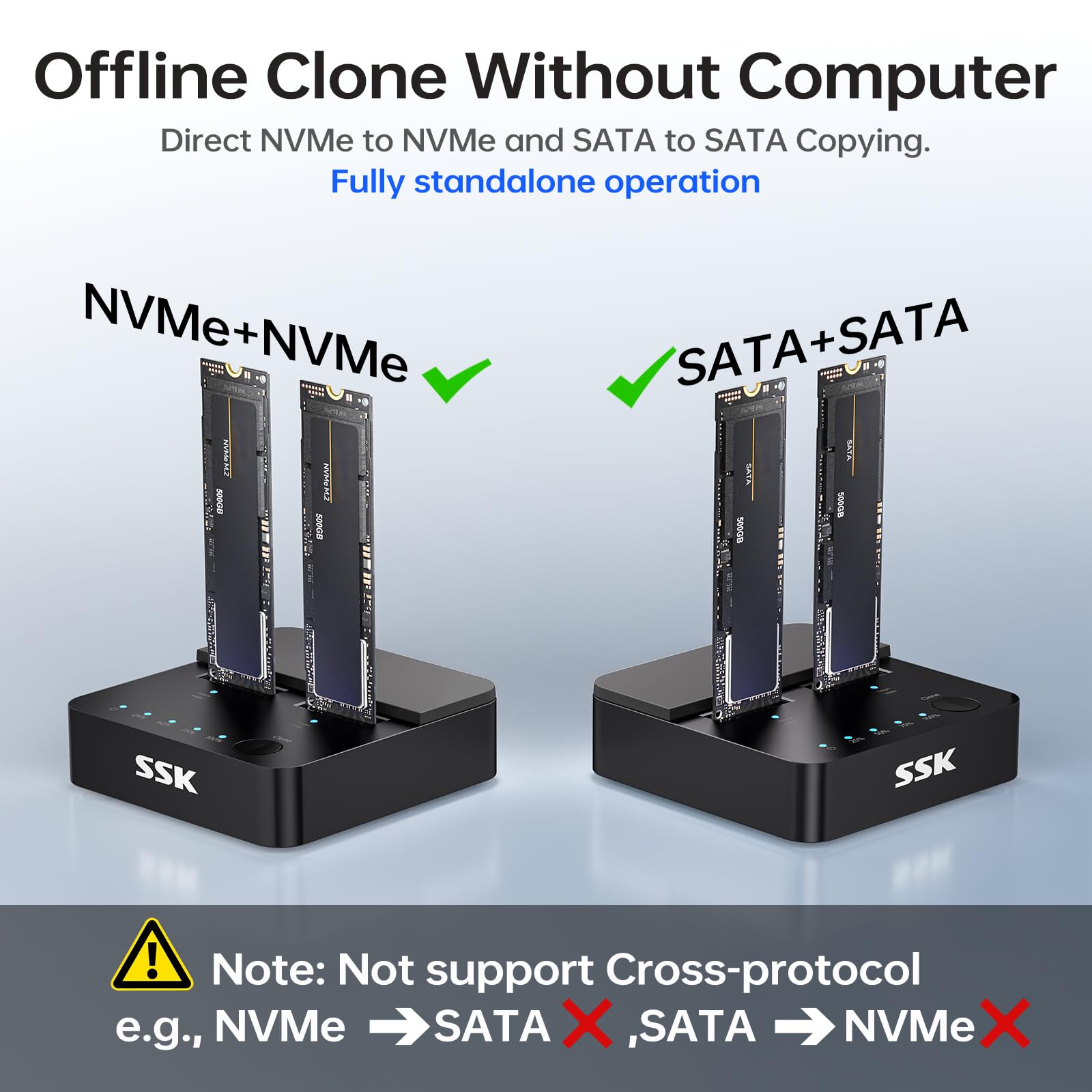 SSK Dock Disque Dur Cloner SSD M.2 NVMe SATA, Double Baie 20Gbps USB 3.2 Gen 2x2 Station d'accueil, Adaptateur USB pour SSD PCIe M Key/B+M Key avec Clonage Hors Ligne