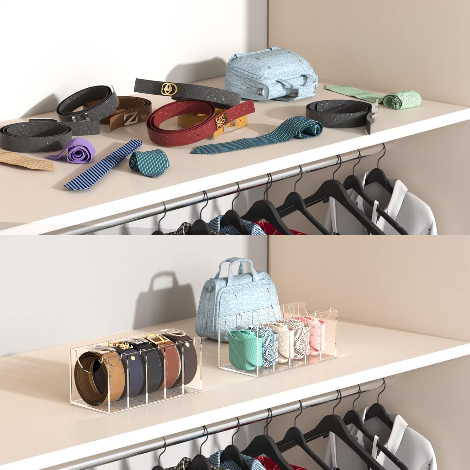 FEMELI Organizer per cinture, contenitore in acrilico a 5 scomparti, trasparente, per cravatte e papillon