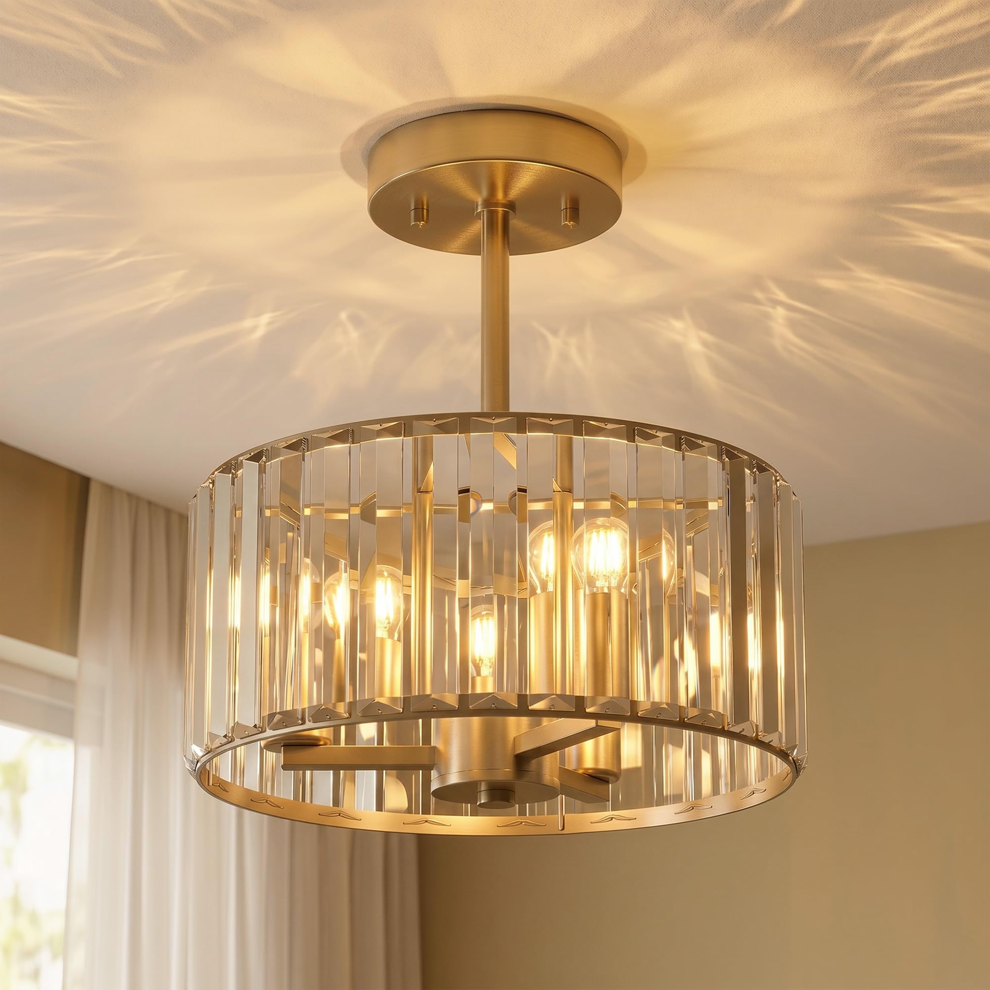 HOMCOM Crystal Ceiling Light Fixture Semi Flush Mount Modern 29 cm, Gold