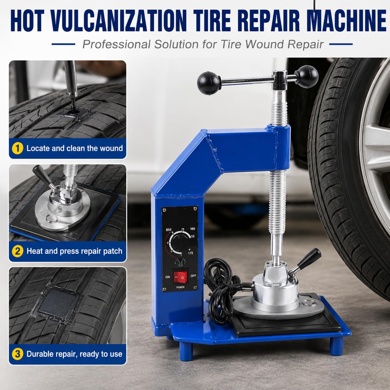 Macchina elettrica per la riparazione di pneumatici, strumento di vulcanizzazione automatica da 500 W con controllo della temperatura 145-165 °C per un fissaggio efficiente dei pneumatici dell'auto