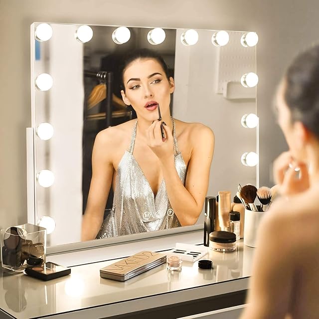 HANSONG Hollywood Vanity Mirror with Lights 360 Degree Rotation Dressing Table Mirror with 15 LED Bulbs and 10X Magnification Touch Screen Large Makeup Mirror for Bedroom and Dressing Room