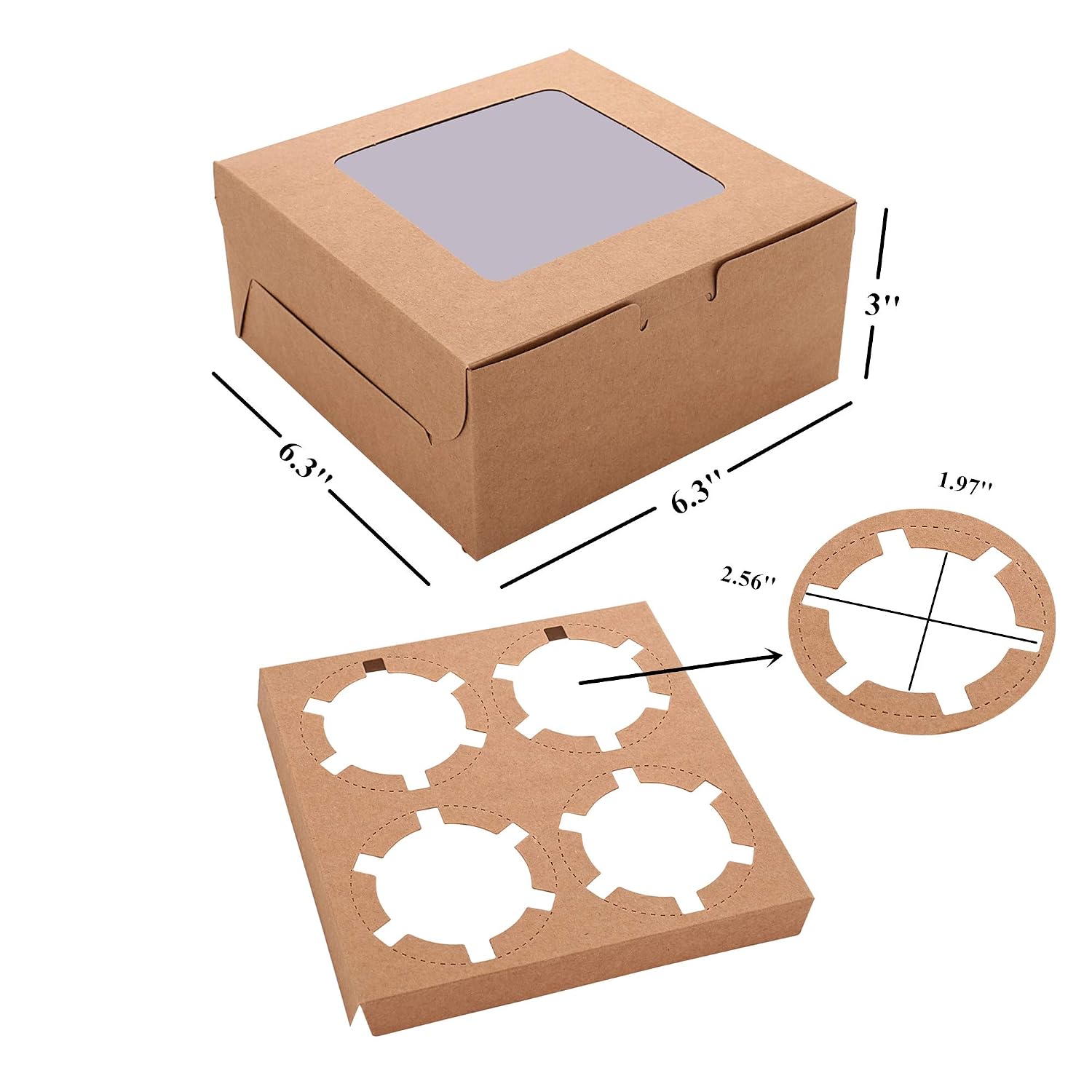 30-Set Cupcake Boxes with Inserts and Window Hold 4 Cupcakes, 6.3'' x 6.3'' x 3'', Brown Food Grade Kraft Cupcake Holder for Cookies, Muffins