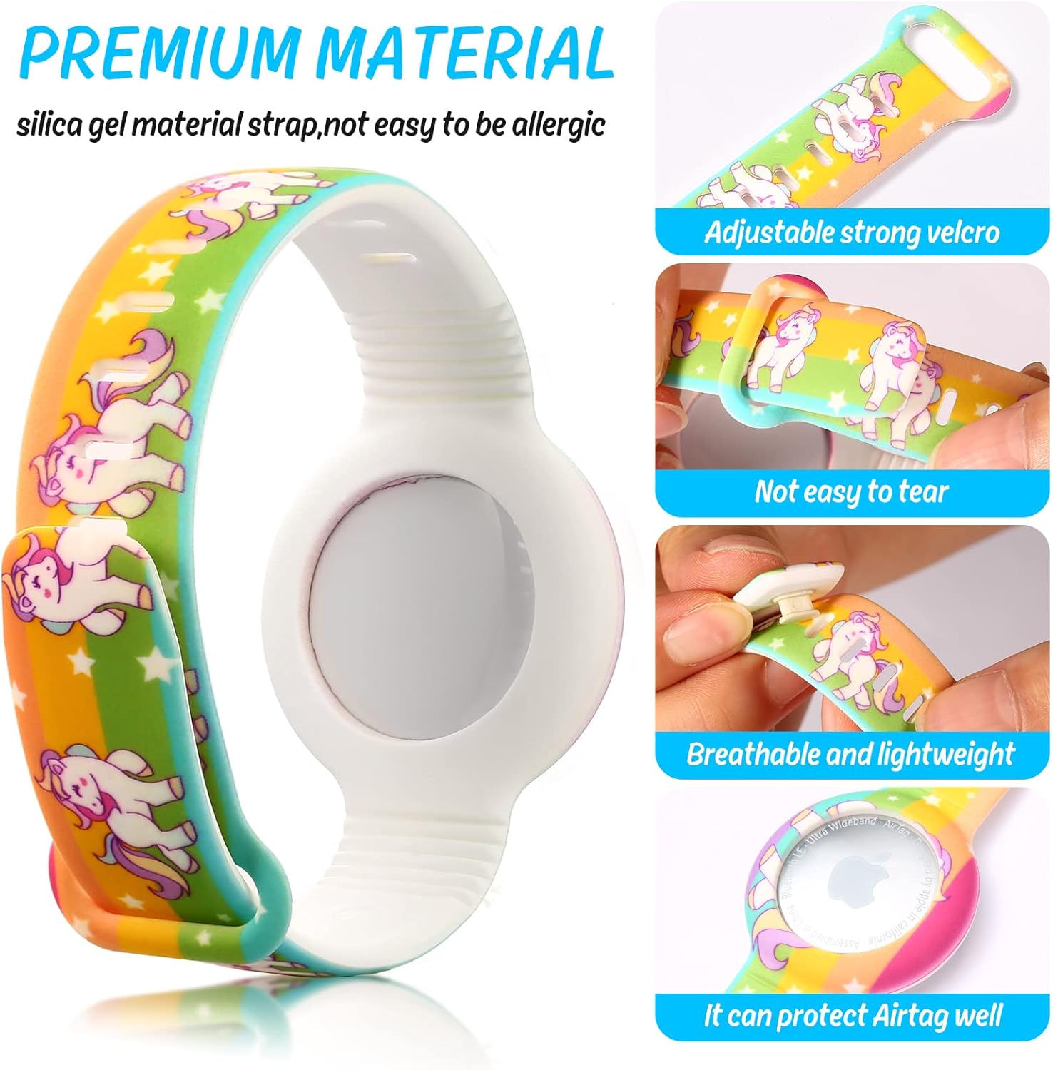 rquti airtag bracelet for kids stretchy wristband compatible air tag tracker silicone holder case cover for airtagunicorn 2pack