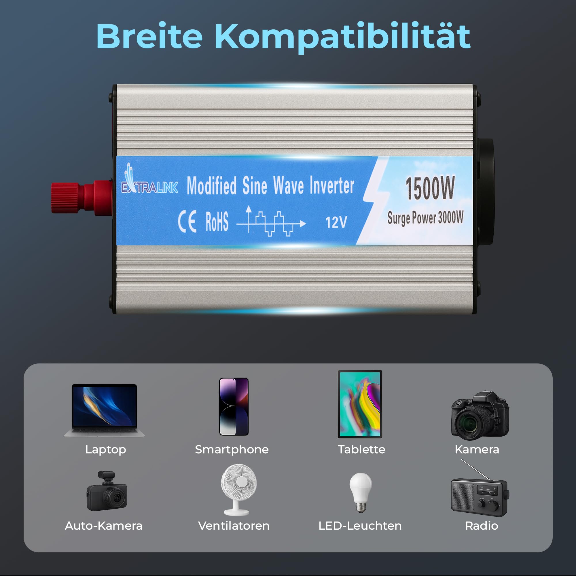 EXTRALINK Wechselrichter 12V auf 230V Modifizierter Sinsus 1500W 3000W Spitze – Spannungswandler mit USB, Lüfter & 4-Fach Schutz – für Auto, Wohnmobil, Boot, Camping, empfindliche Geräte, Solar