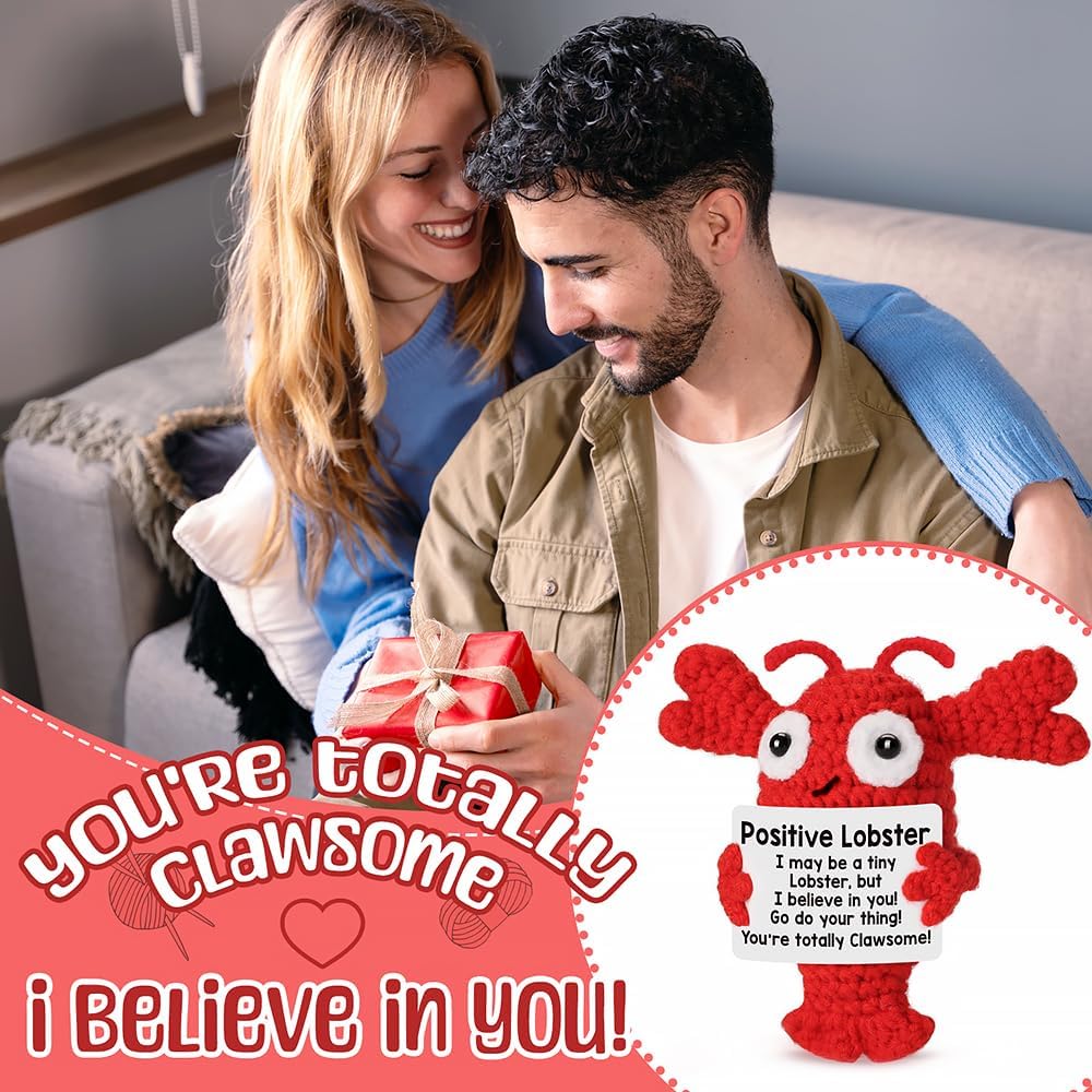 Handmade Crochet Lobster, Inspirational Crocheted Animals, Positive Emotional Support Gift for Women, Men, Girlfriend, Boyfriend, Wife, Husband | Cheer Up Gifts for friends, Coastal Lovers/Couples