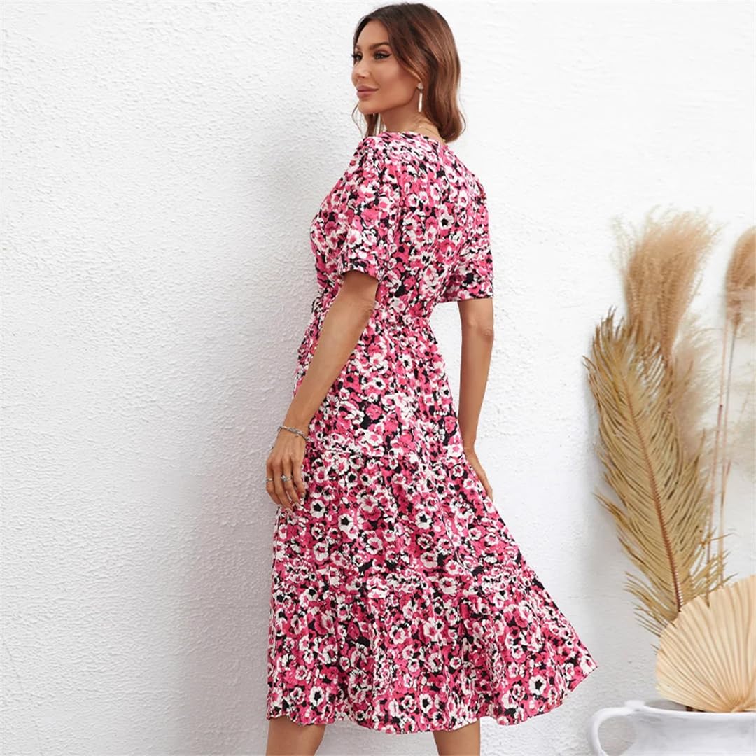 Vestido largo de manga corta con estampado floral para mujer, vestido largo de verano, oficina, fiesta, acampanado, vestido midi