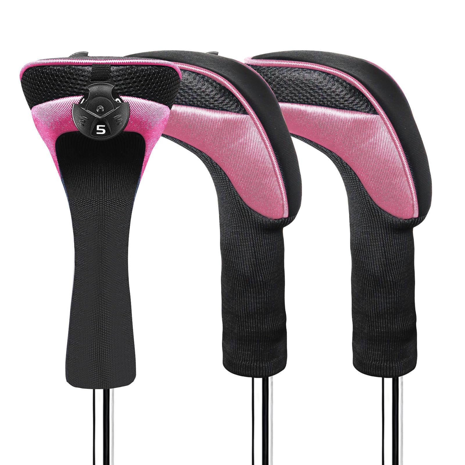 FINGER TEN Golf Club Head Covers Woods Hybrids Long Cover, Headcovers with Interchangeable No. Tags Fit All Hybrids Wood Clubs Light Durable (Rose-3 Pack Hybrid Covers)