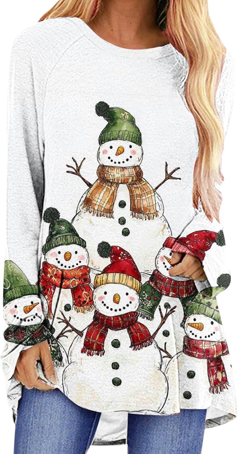 Christmas Shirts for Women Curved Hem Xmas Snowflake Print Tunic Tops Casual Loose Comfy Holiday Long Blouses