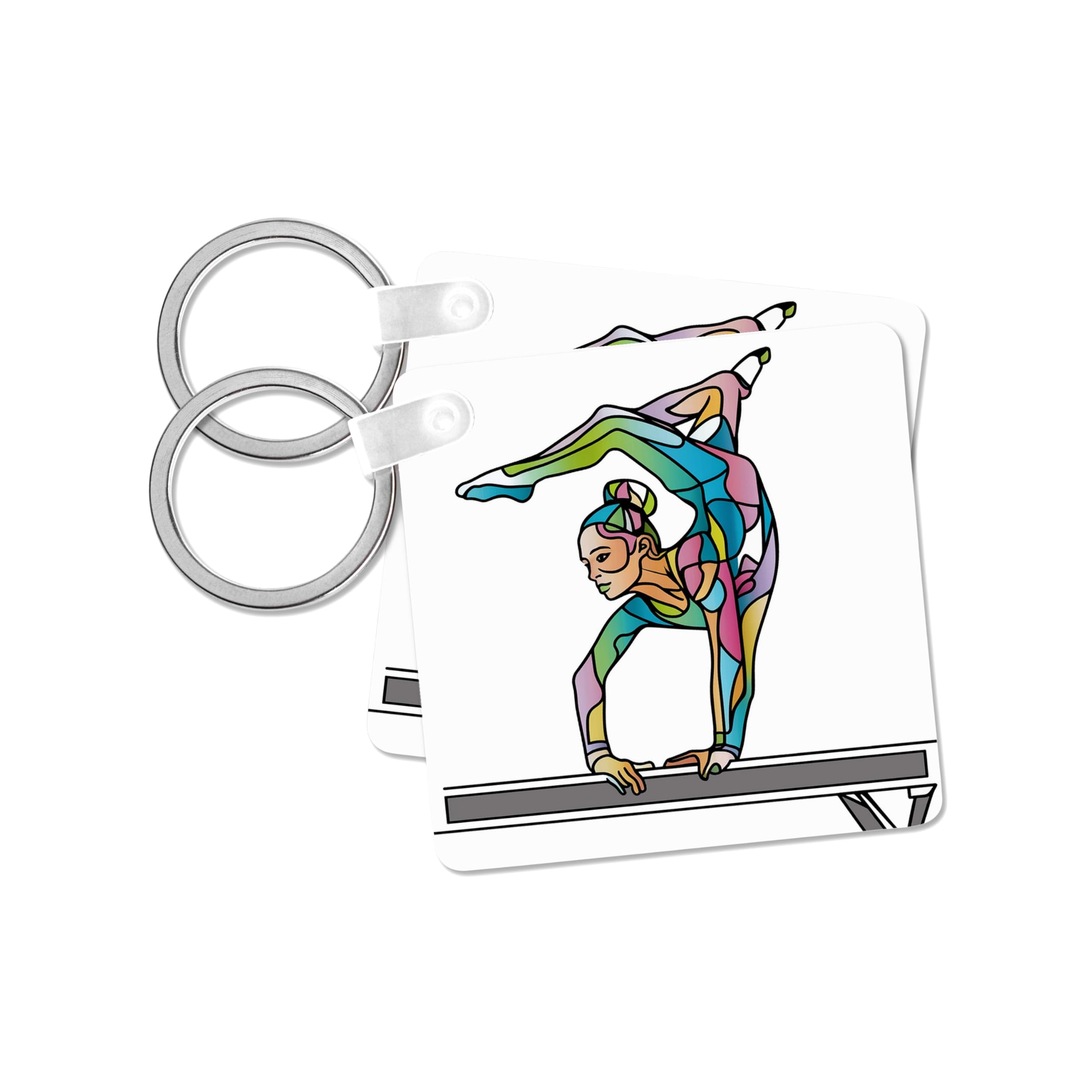3dRose, Cool Fun Colorful Female Gymnast Balance Beam Exercise Abstract Art, set of 2 Key Chains