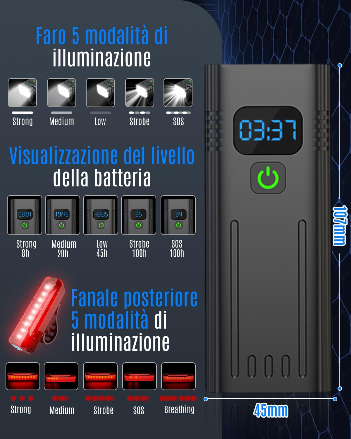 Coyonce Luci Bici LED Anteriore e Posteriore, Ricaricabile USB, Aggiornamento 6000 Lumen,Display Digitale 6 LED 5 modalità Luce Bici, IPX6 Impermeabile, Adatta per la Maggior Parte delle Biciclette