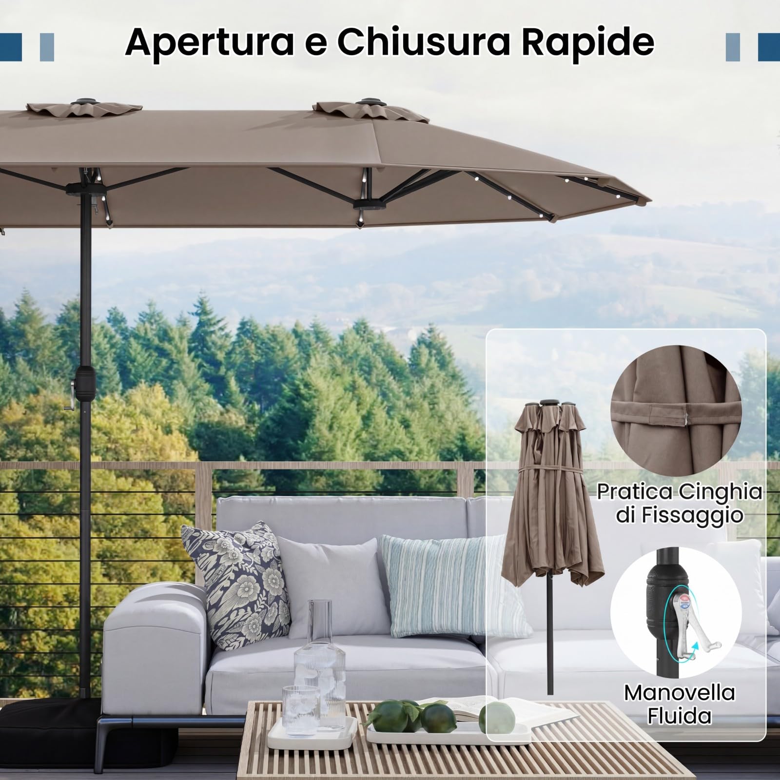 COSTWAY Ombrellone da Giardino Doppio 400 x 200 cm, con 36 Luci LED Solari, Manovella 12 Stecche, Base, Anti-UV, Rettangolare, per Giardino Piscina Cortile (Caffè)