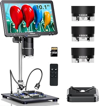 TOMLOV Digital Microscope, 3 Lenses, 2K HDMI Microscope, 2500x Magnification, IPS 10.1 Inch, Coin Microscope, Full Coin, LCD Welding Microscope, 14 LED Lamps, Compatible with PC/TV, Adults, Biological Observation, Free Research, Biology Education, Gemology, Circuit Board Repair, Electronic Microscope, Japanese Compatible, 16GB Digital Microscope 0