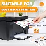100 PCS Sticker Paper for Inkjet Printer, Printable Vinyl Sticker Paper Dries Quickly Vivid Colors, 8.5"x11" Tear Resistant Printable Vinyl, Glossy White, Inkjet & Laser Printer