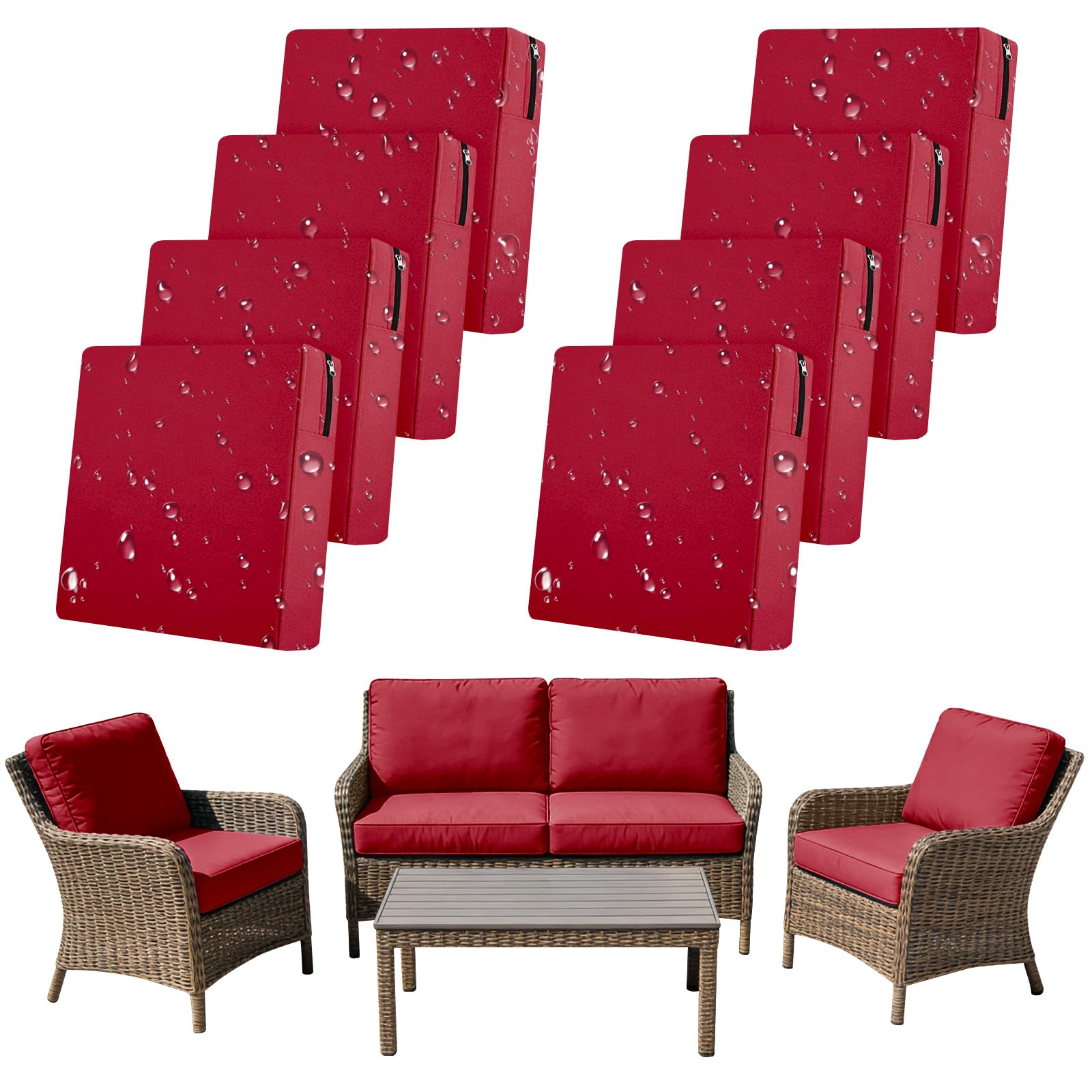 SYLC 8Pcs Outdoor Cushion Covers Waterproof Patio Cushion Covers Replacement with Zipper, Garden Rattan Sofa Seat Slipcovers Furniture Protector (Red,8pcs 65×33×10cm)