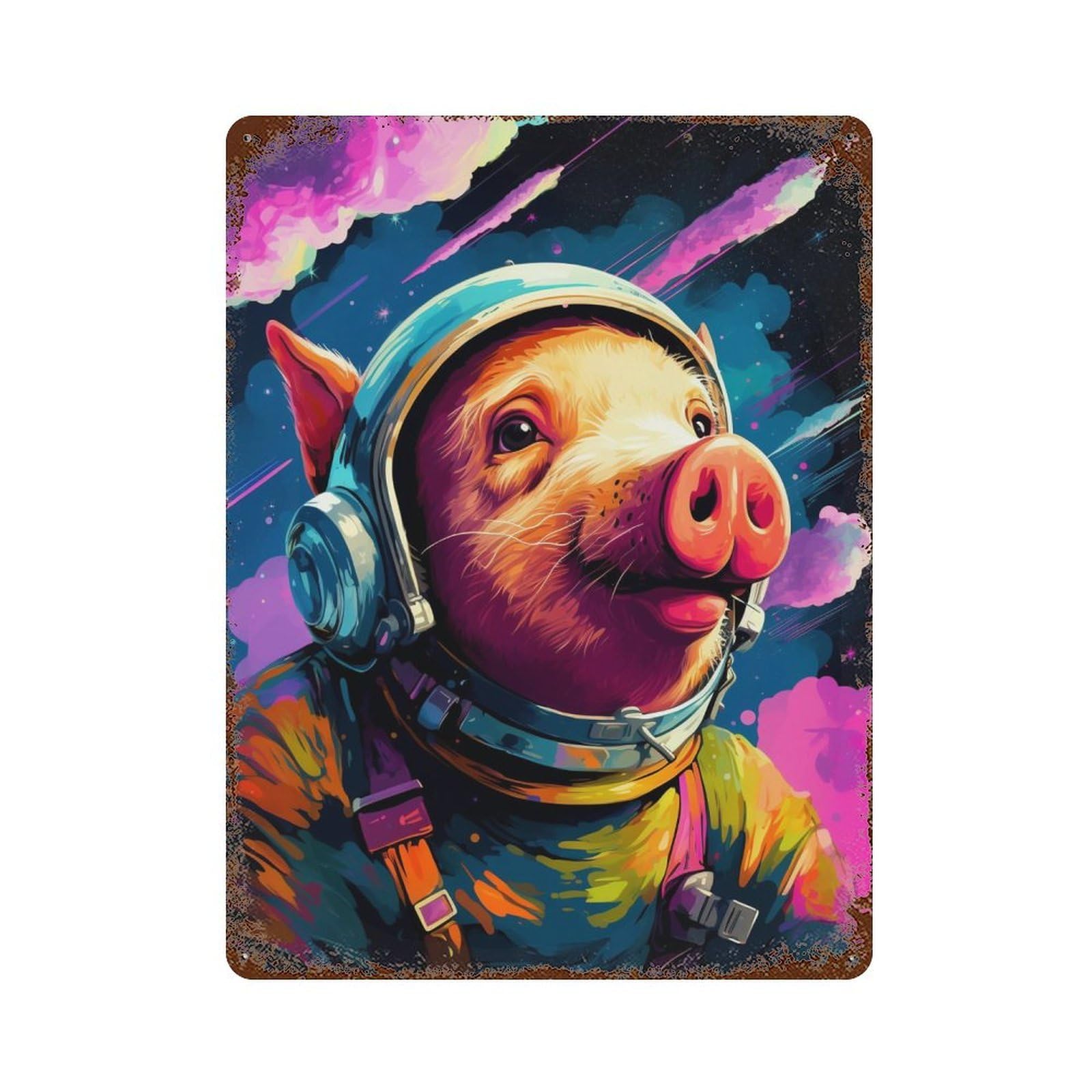 Vintage Rust Metal Sign with Pig Astronaut in Space Design 15.7"x11.8", for Office, Studio And Wall Decor, Farmhouse Wall Decor