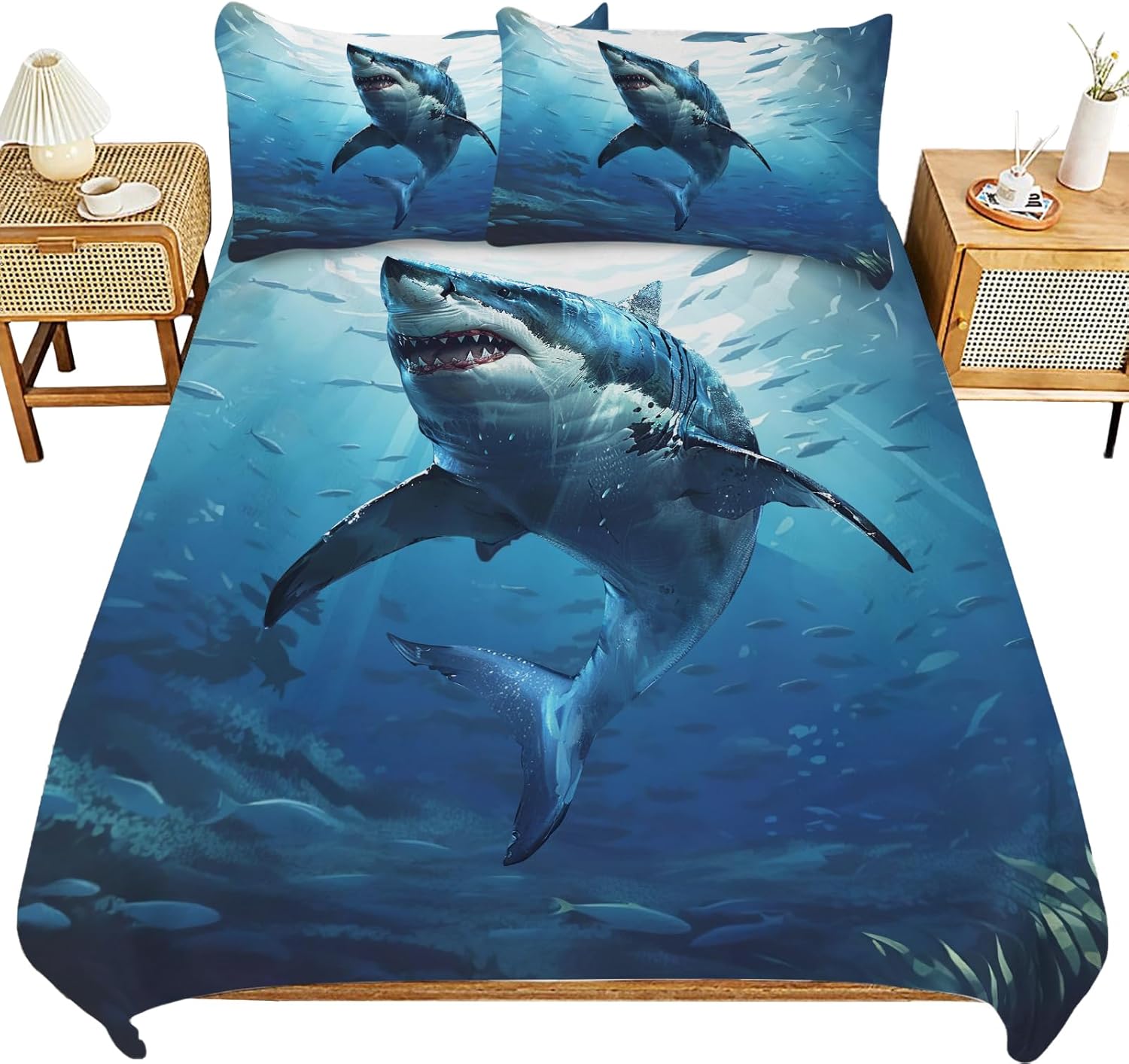 Shark Bedding Theme Comforter Set Shark Duvet Cover Bedroom Decor Soft Twin Full Queen King Size Quilt Cover with 2 Pillowcases for Kids Teens Adults Women Men 80x90