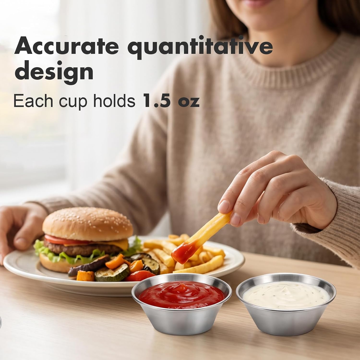 30 PCS 304 Stainless Steel Condiment Cups, 1.5 oz Metal Ramekins for Dipping Sauces, for BBQ, Restaurants, and Home Use
