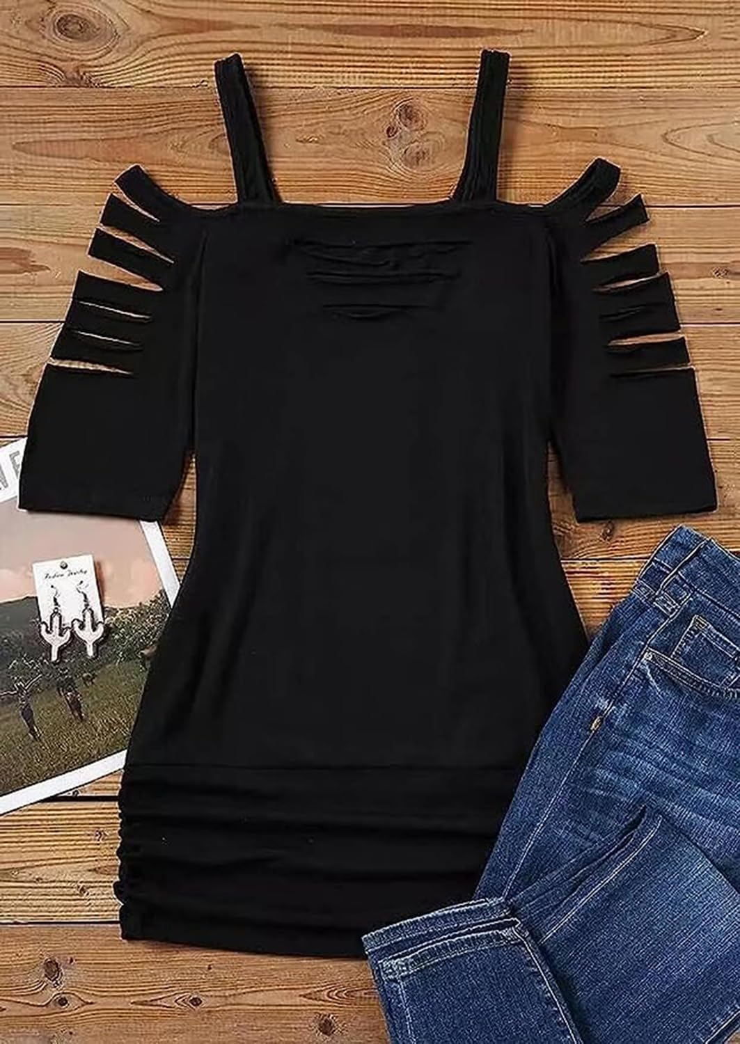 Cut Out Cold Shoulder Square Collar Shirt Women Lacerated 3/4 Sleeve Blouse Cut Out Sexy Hollow Out Casual Tee Tops - Image 2