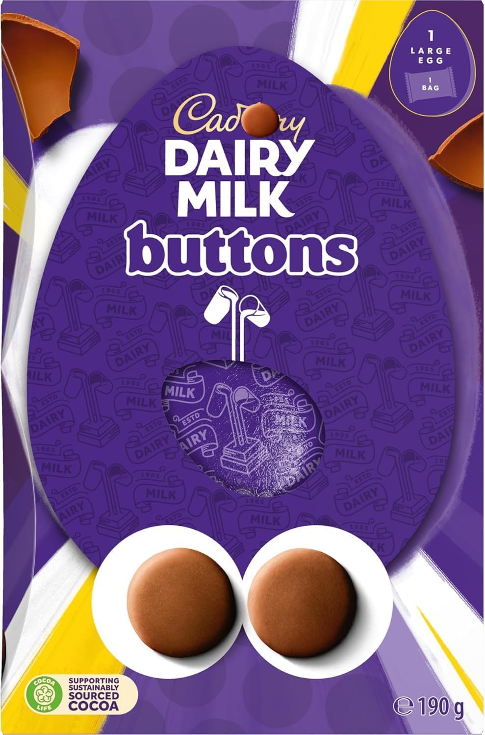 Cadbery Dairy Milk Buttons Chocolate Easter Egg, Includes 1 Large Egg and 1 Chocolate Bag, 190 g (Pack of 1)