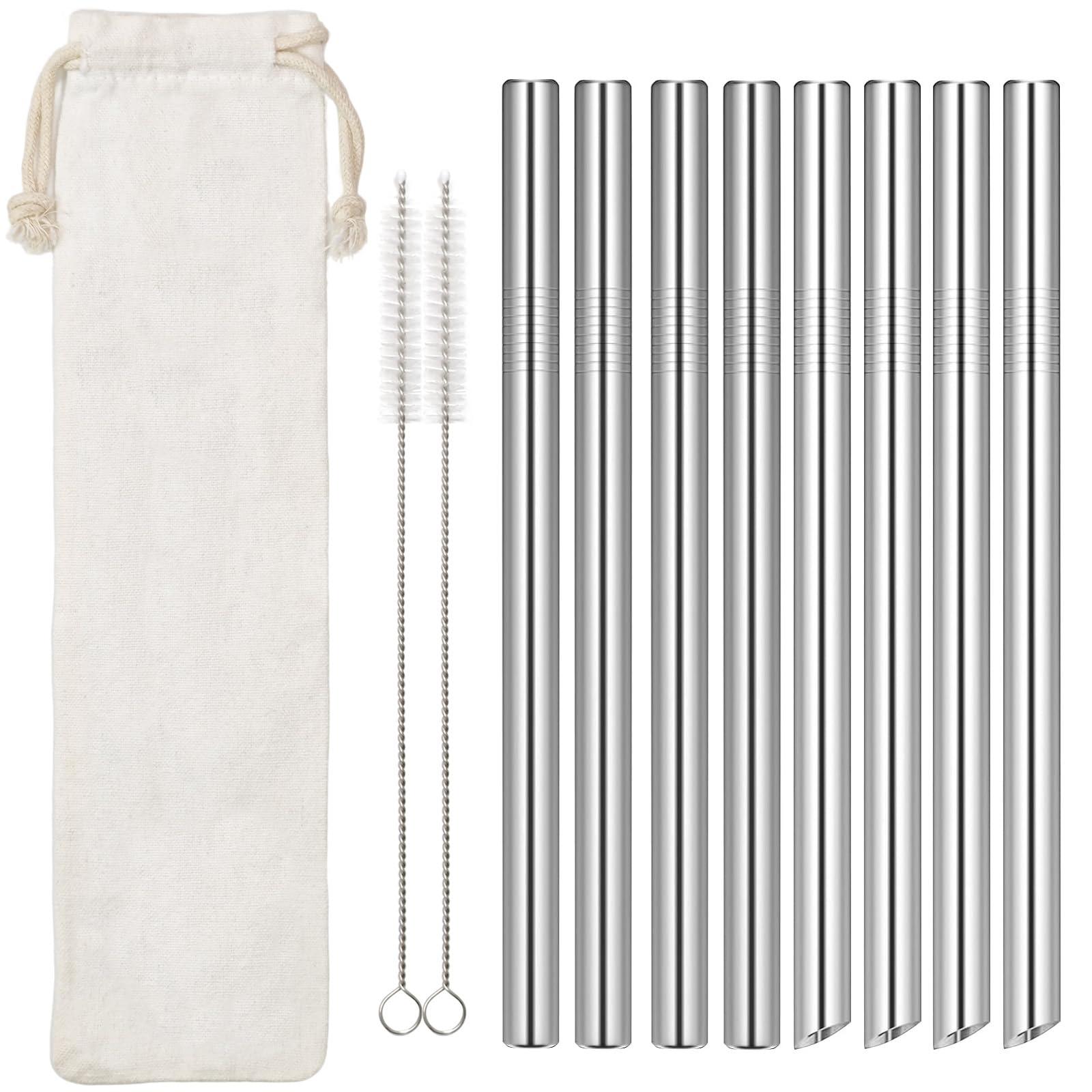 Set of 8 Bubble Tea Straws, Extra Wide 12mm Reusable Metal Straws Drinking, Stainless Steel Thick Straw for Boba Smoothie Milkshake, with 2 Cleaning Brushes & Storage Bag(21.5cm x 1.2cm)
