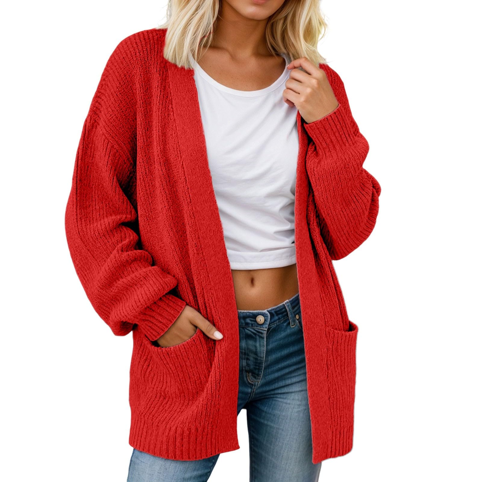 Generisch Damen Strickjacke Lang Langer locker Geschnittener Cardigan mit offener Vorderseite Taschen ideal für Winter. Weich bequem